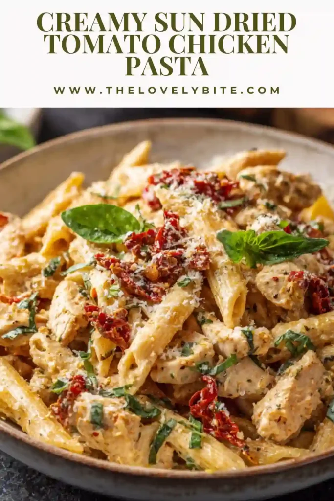 A hearty bowl of creamy sun dried tomato chicken pasta with tender chicken and thick cheesy sauce.
