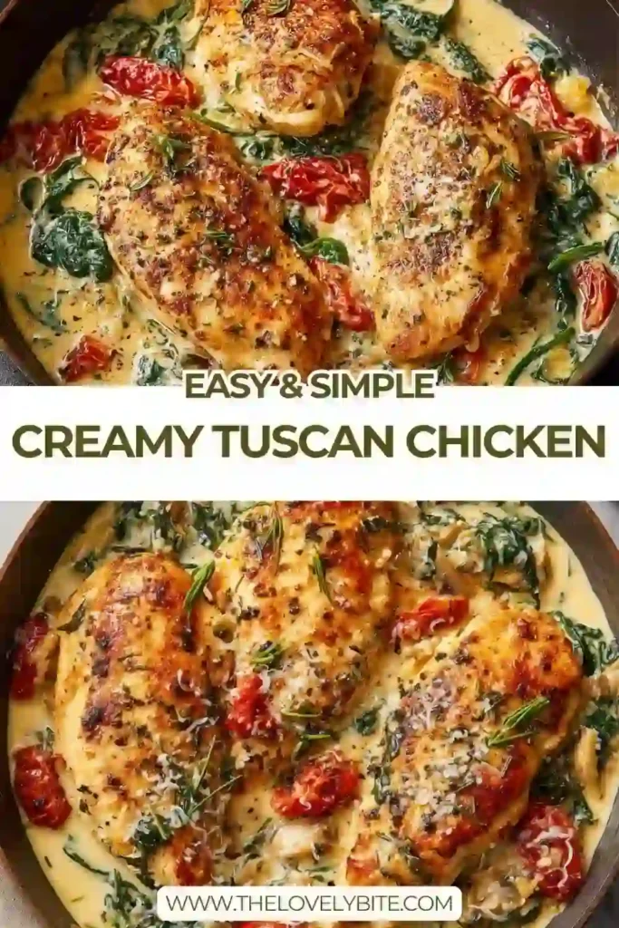 Creamy Tuscan Chicken served in a skillet with spinach, cherry tomatoes, and a rich Parmesan cream sauce, perfect for a comforting dinner.