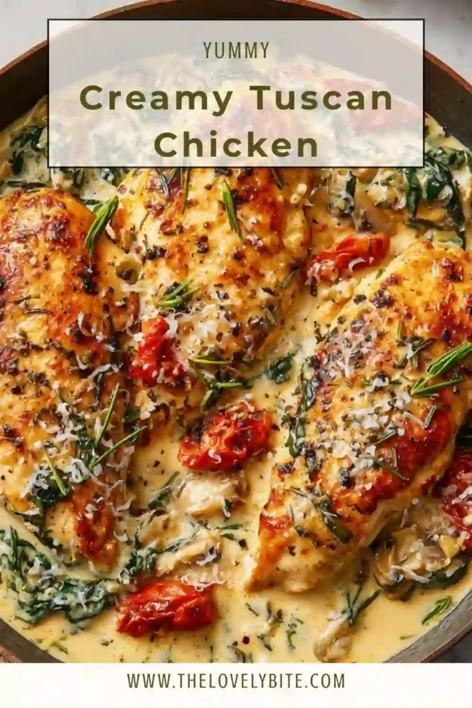 Close-up of Creamy Tuscan Chicken with tender chicken breasts in a garlic cream sauce with spinach and tomatoes.
