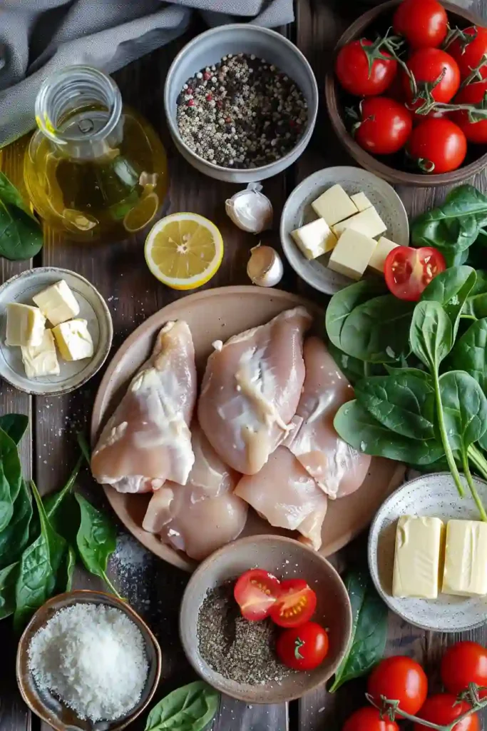 One pan Creamy Tuscan Chicken with golden chicken breasts and creamy spinach tomato sauce.