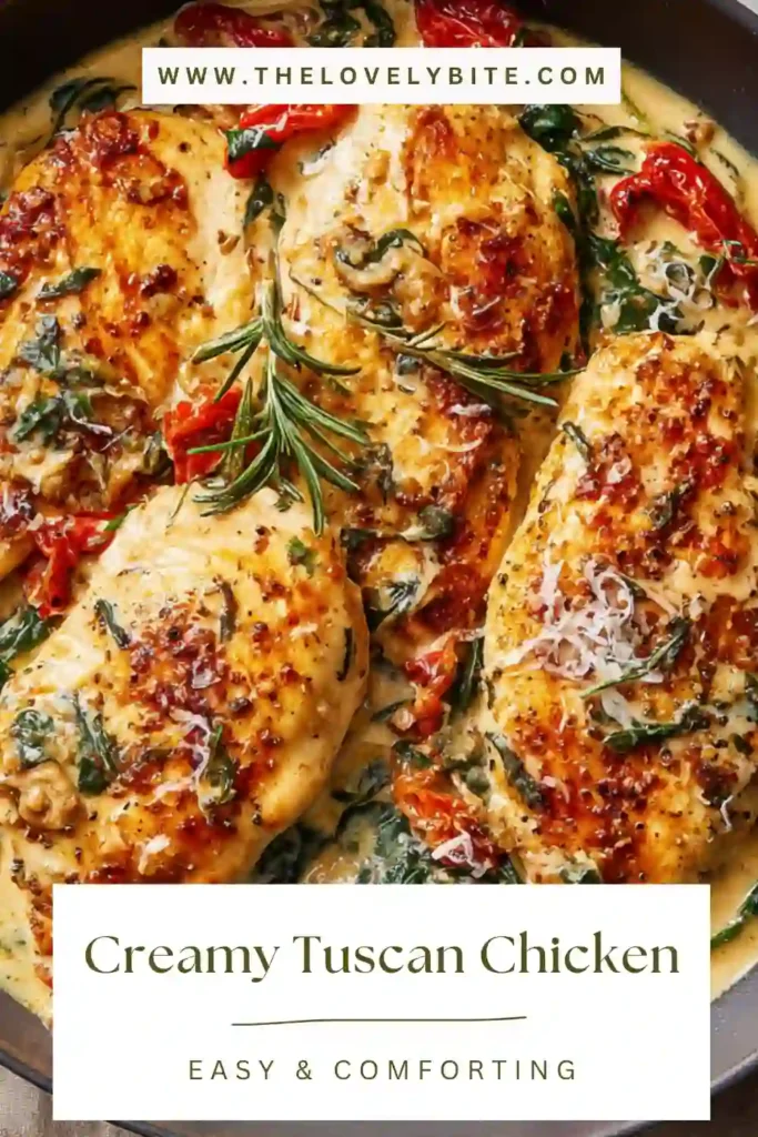 Homemade Creamy Tuscan Chicken plated with sauce, fresh spinach, and roasted cherry tomatoes.