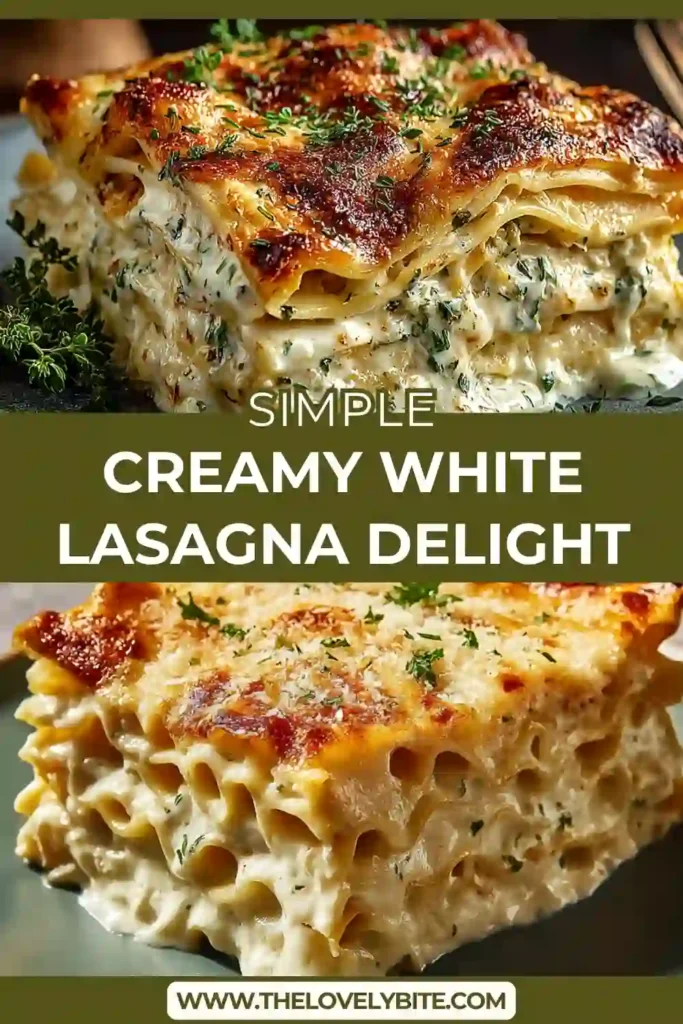 Freshly baked creamy white lasagna with bubbling cheese and rich white sauce topping.