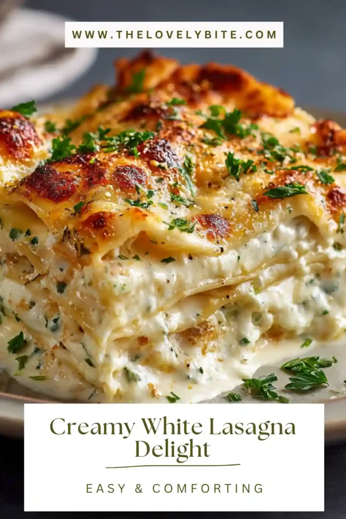 Close-up of a slice of creamy white lasagna showing layers of noodles, ricotta, spinach, and mozzarella.