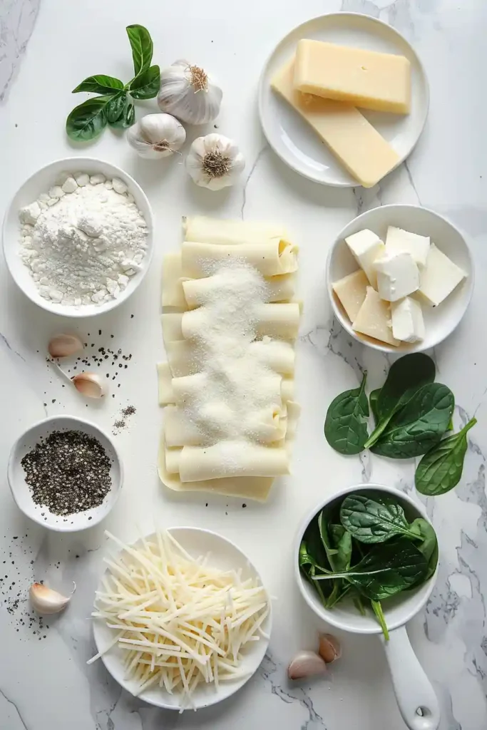 Homemade white lasagna with chicken and spinach served warm on a plate with melted cheese.