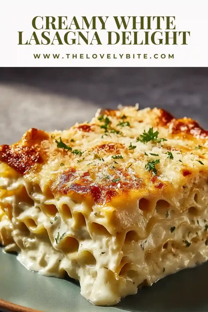 Creamy white lasagna baked with golden melted cheese and layers of spinach and white sauce in a casserole dish.