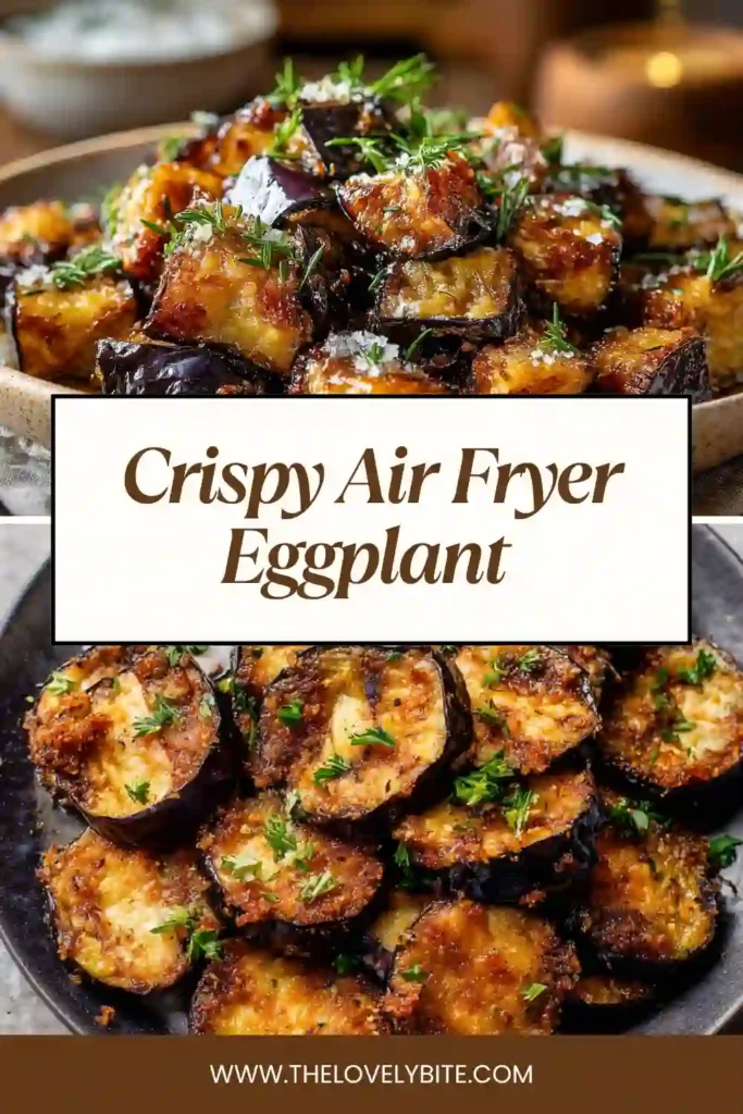 Close-up of crispy eggplant cubes made in an air fryer, showing golden edges and soft centers. A quick and easy vegan air fryer vegetable dish.