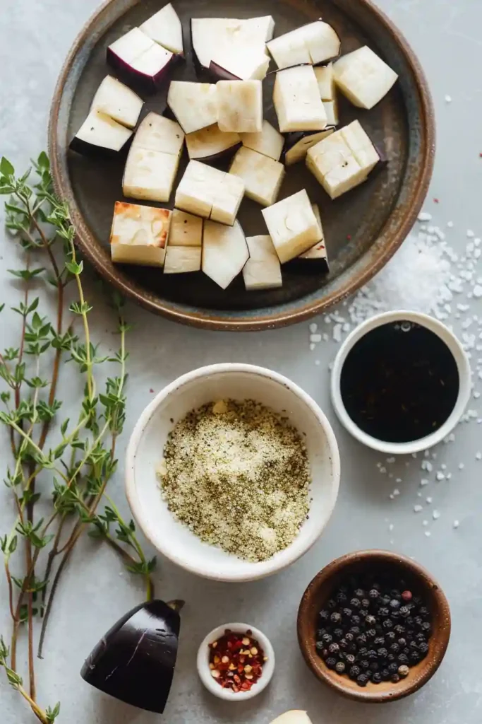 Bowl of crispy eggplant cubes from the air fryer, lightly seasoned and cooked to perfection. A simple and delicious plant-based recipe.