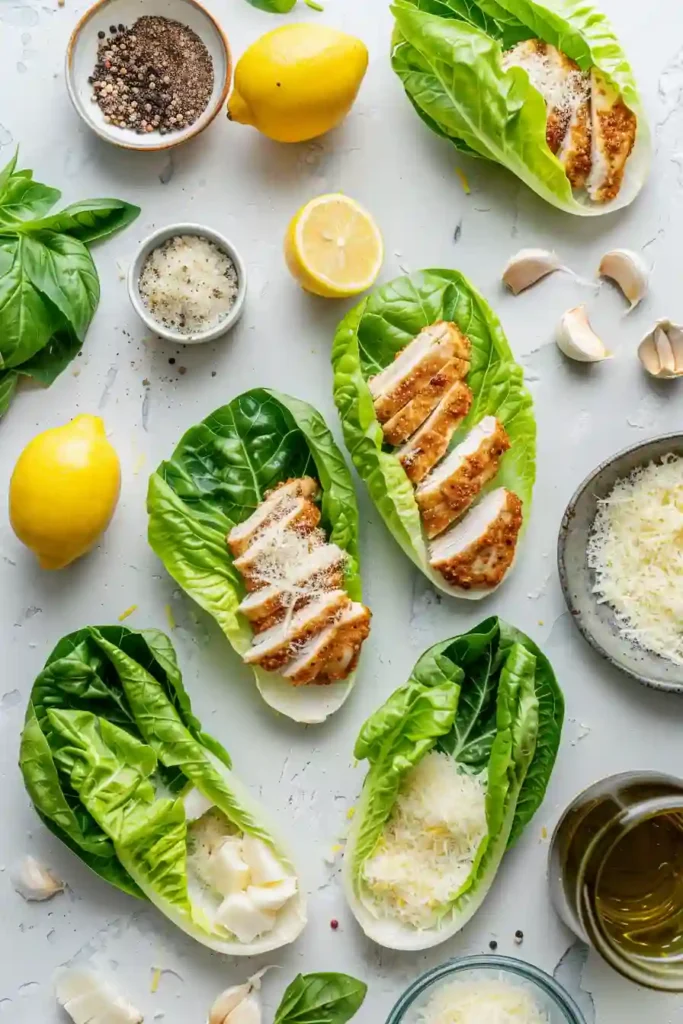 Homemade chicken Caesar lettuce wraps with golden crispy chicken and creamy sauce in butter lettuce leaves.