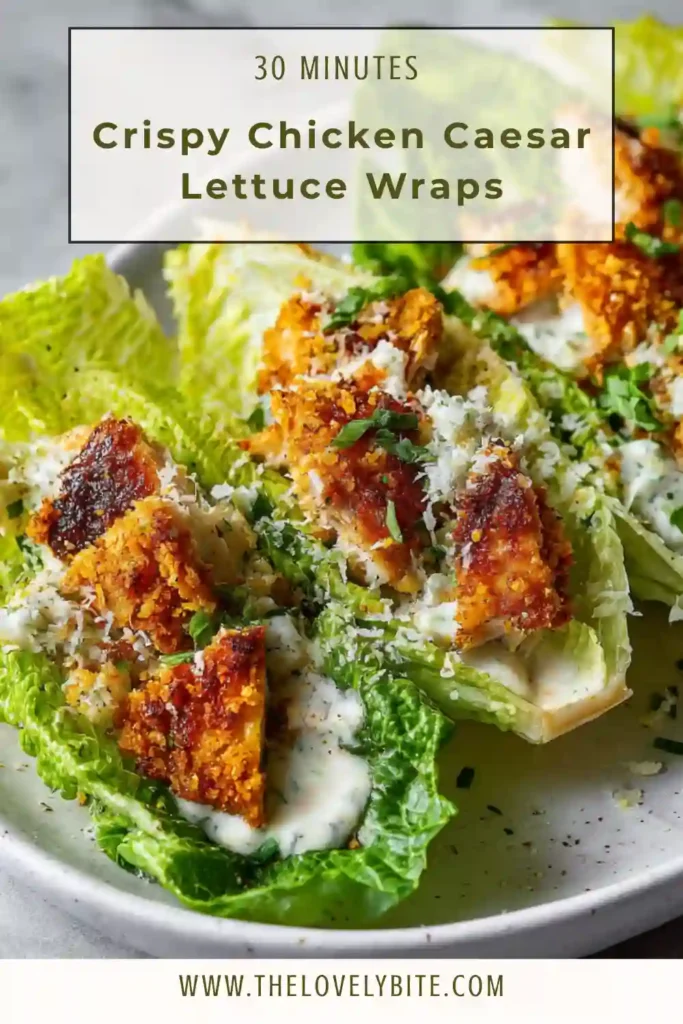 Close-up of chicken lettuce wraps filled with crispy chicken, Caesar dressing, and crunchy parmesan pieces.