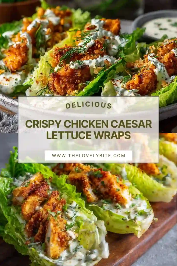 Fresh and healthy Crispy Chicken Caesar Lettuce Wraps plated with herbs and a drizzle of dressing.