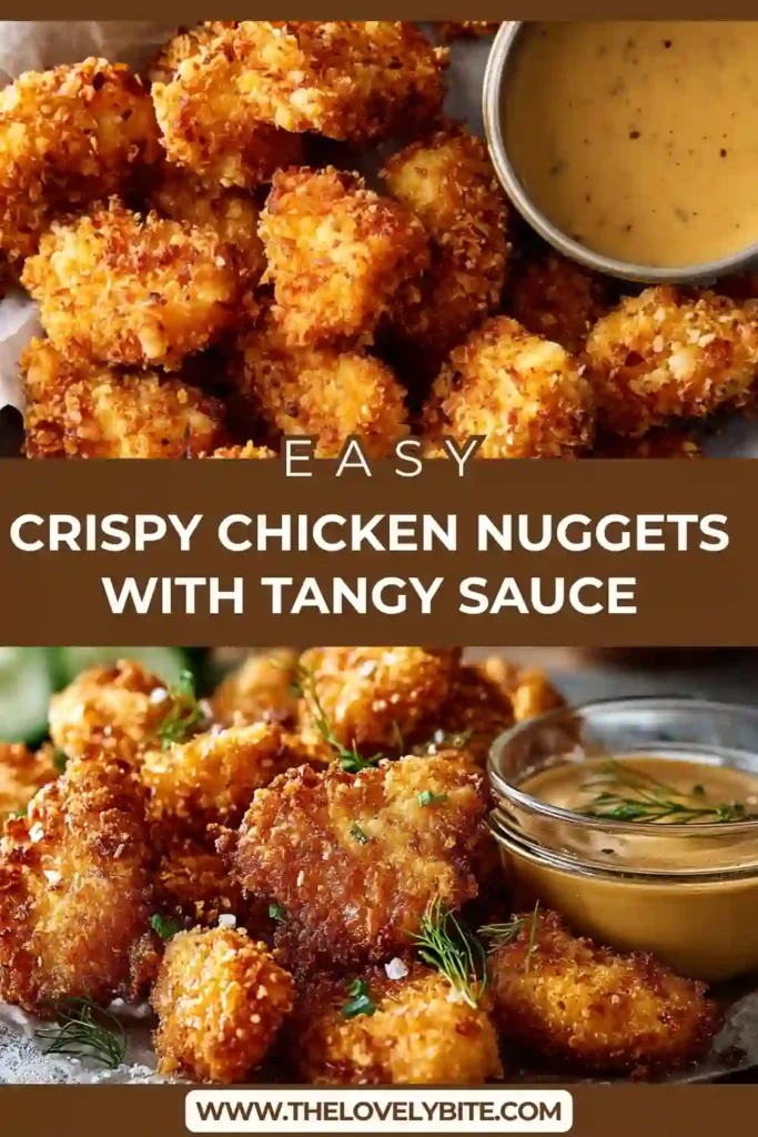 Crispy Chicken Nuggets served hot with a creamy tangy dipping sauce on the side. The nuggets are golden brown and perfectly crunchy.