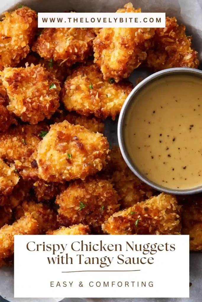 Homemade Crispy Chicken Nuggets arranged on a plate with dipping sauce, showing their crunchy texture and juicy interior.