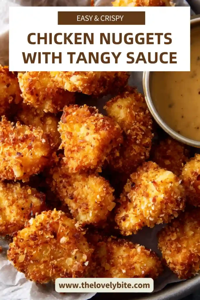 Close-up of Crispy Chicken Nuggets with a golden crust and a bowl of sweet and tangy sauce. Perfect comfort food.