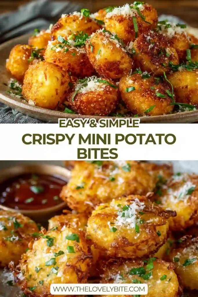Crispy Mini Potato Bites roasted until golden brown and topped with parmesan and green onions, served with garlic mayo dip. The texture looks crunchy and irresistible.