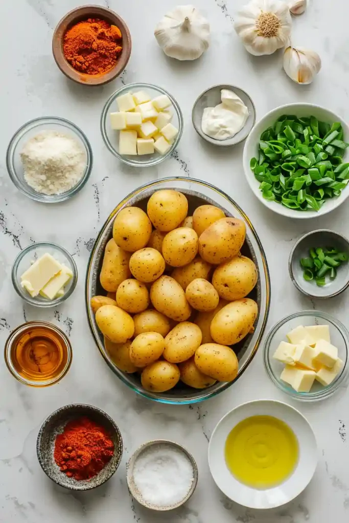 A bowl of Crispy Mini Potato Bites tossed in spices, topped with parmesan and fresh green onions, ready to serve.