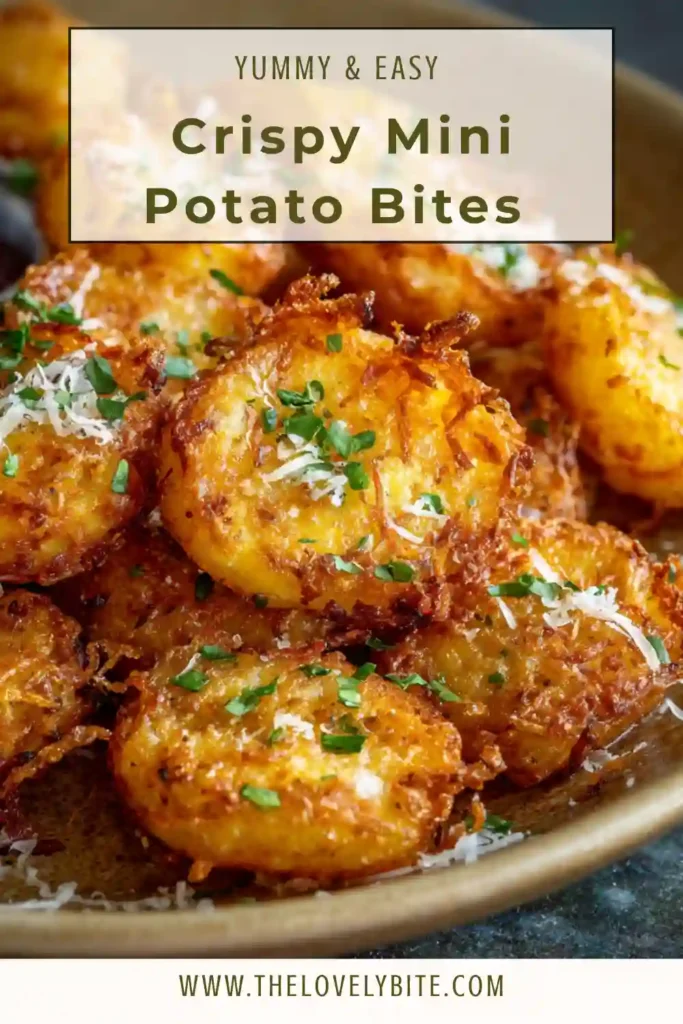 Close-up of Crispy Mini Potato Bites with a crispy coating and soft interior, garnished with herbs and cheese on a serving plate.