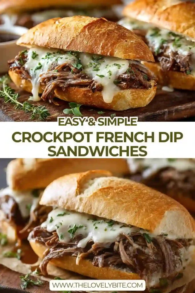 Hearty Crockpot French Dip Sandwiches plated with a bowl of rich au jus and fresh parsley garnish.