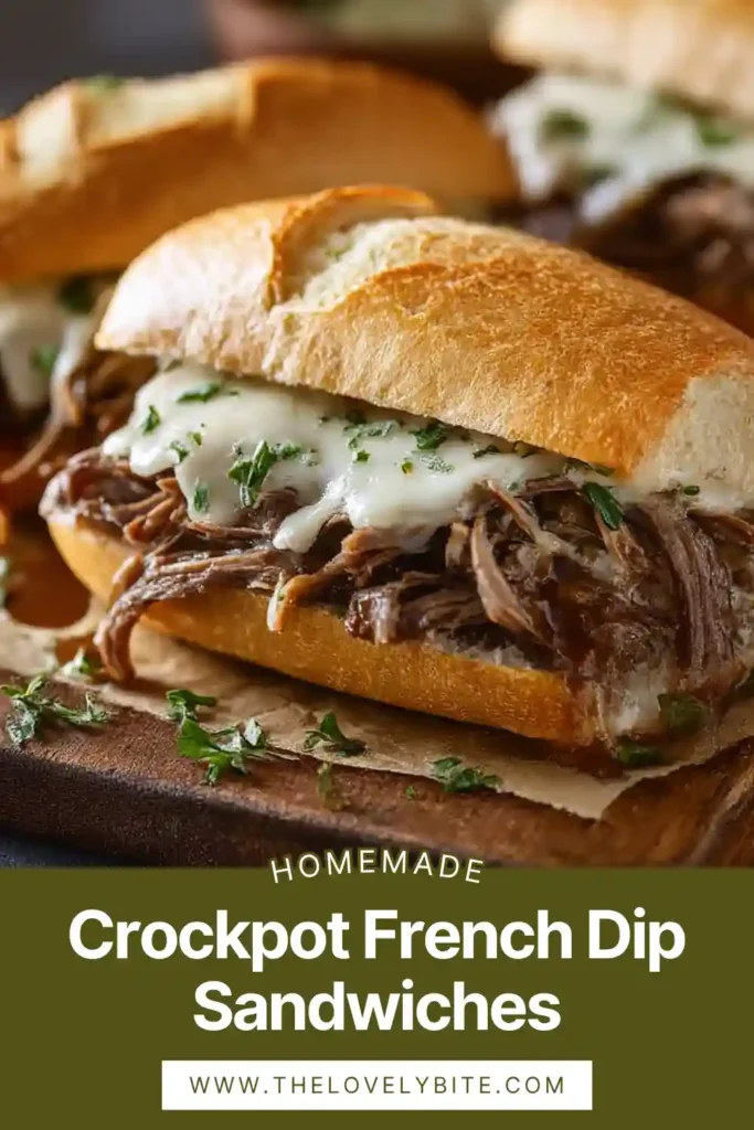 Close-up of a slow cooker French dip sandwich with melted cheese and juicy beef on a toasted roll.