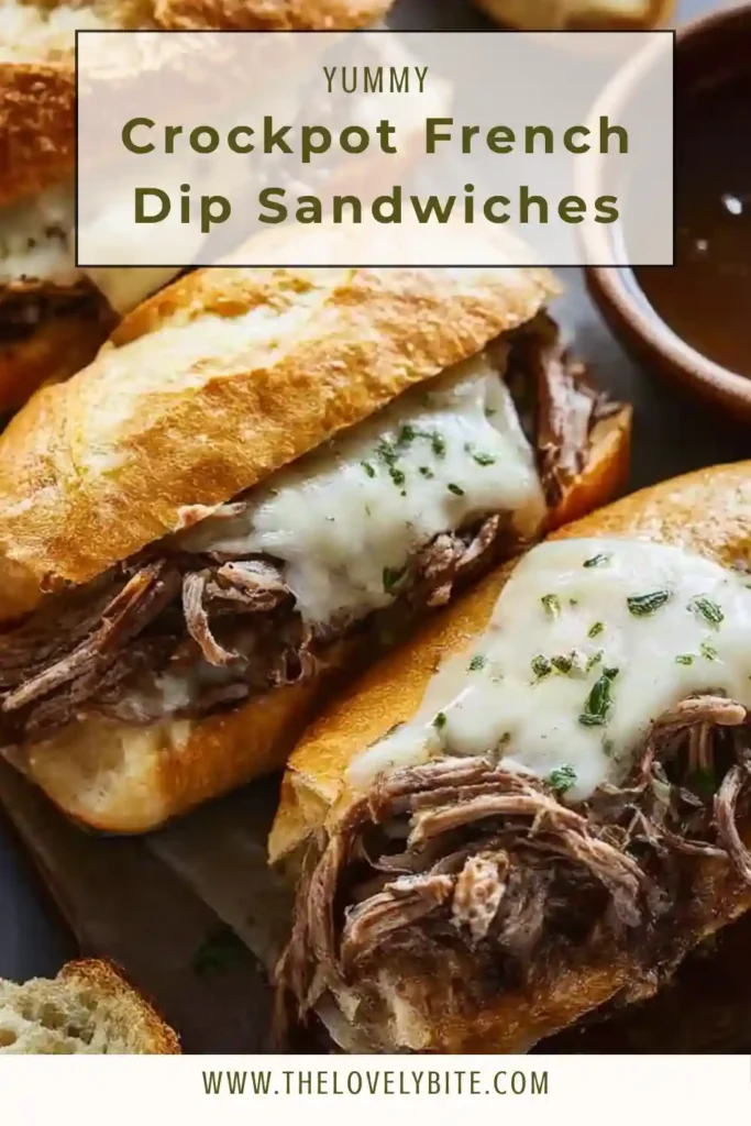 Crockpot French Dip Sandwiches filled with tender shredded beef and served with au jus dipping sauce in a rustic setting.