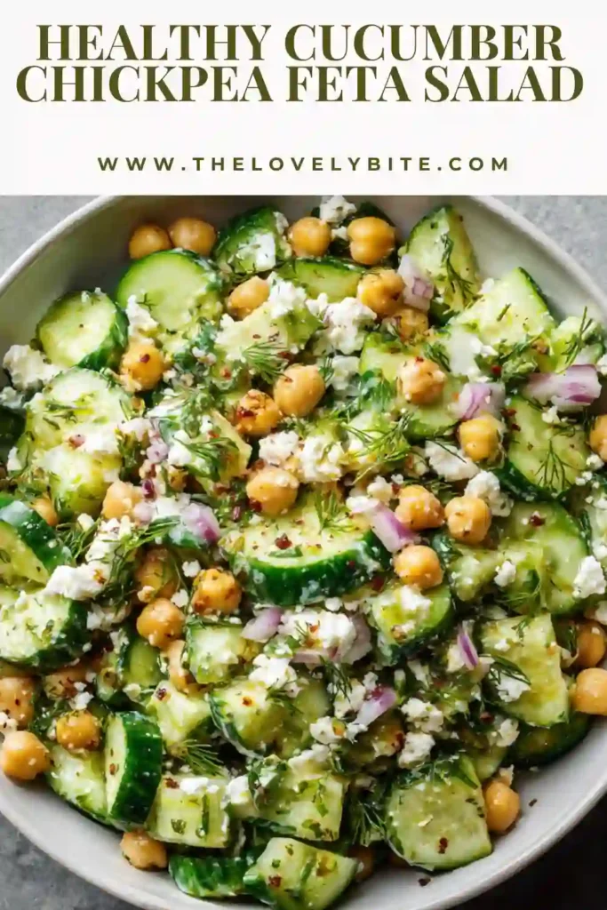 A bowl of cucumber chickpea feta salad with fresh herbs and light dressing, showing vibrant green cucumbers and creamy feta.