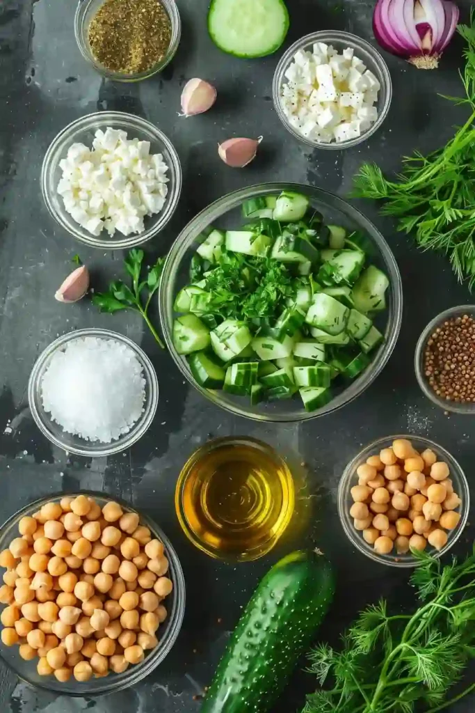 Mediterranean cucumber chickpea feta salad with olive oil dressing, perfect for a quick healthy dish.