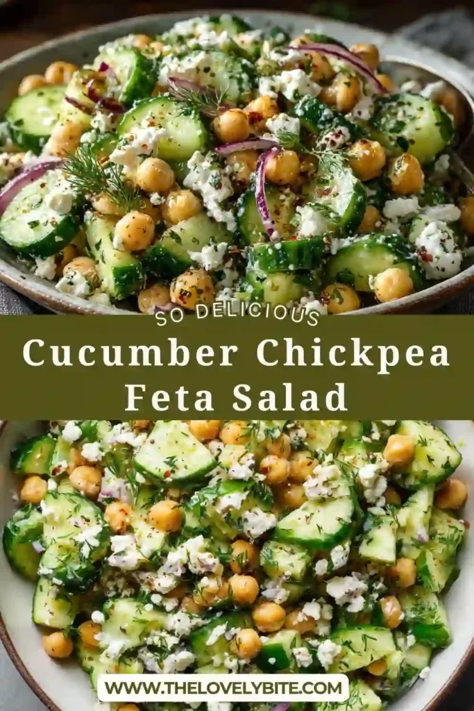 Fresh cucumber chickpea feta salad mixed with parsley and dill, served in a bright bowl for a healthy meal.