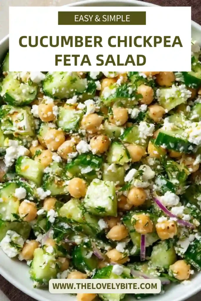Close-up of chickpea cucumber salad with crumbled feta and red onion, highlighting texture and freshness.