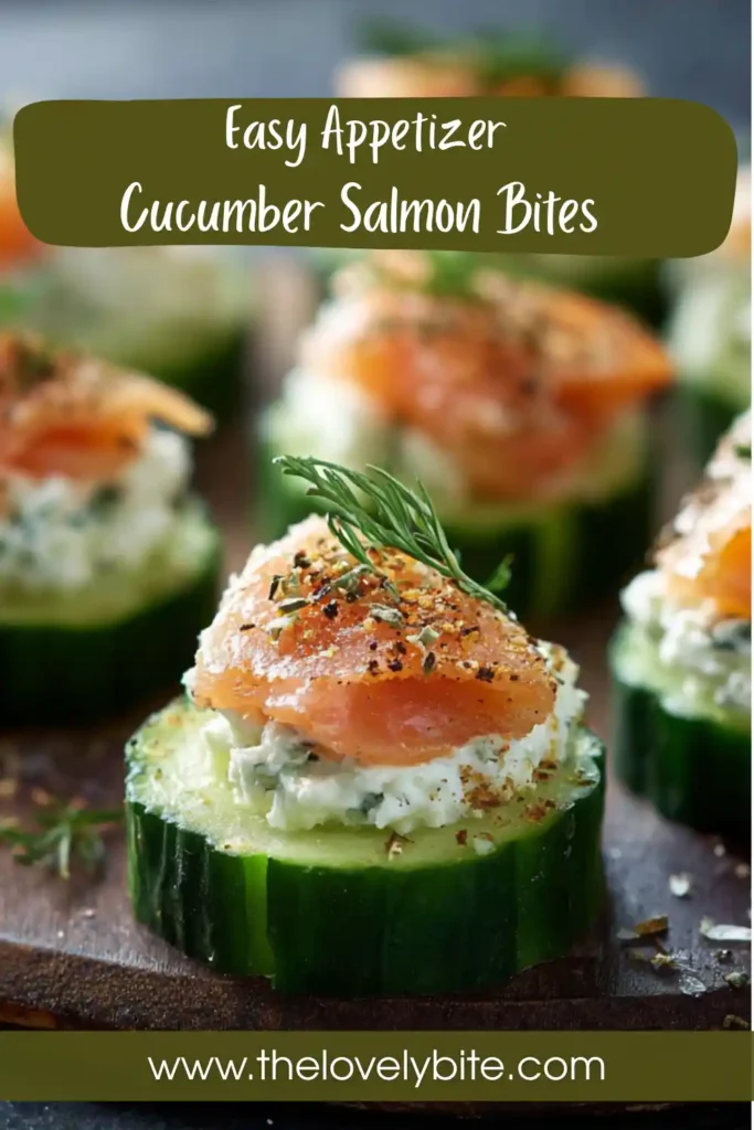 Close-up of fresh cucumber salmon bites with creamy cheese and cracked black pepper garnish.