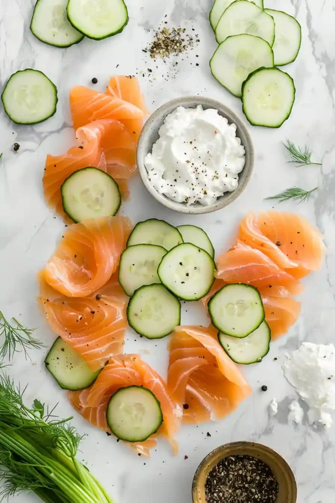 Cucumber Salmon Bites topped with cream cheese and smoked salmon arranged on a serving platter, perfect for appetizers.