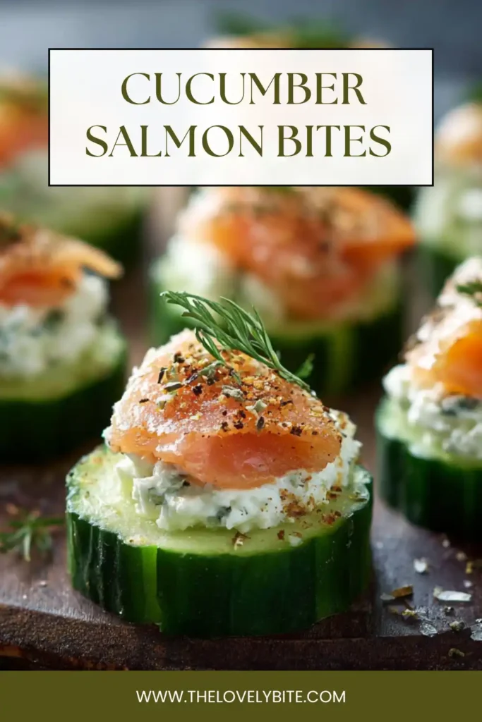 Healthy cucumber salmon bites appetizer featuring crisp cucumber and rich salmon topping.