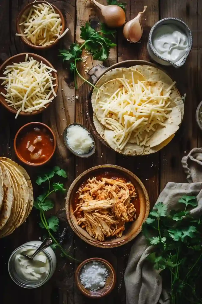 A baking dish filled with easy chicken enchiladas topped with melted cheese and rich red enchilada sauce, fresh from the oven.