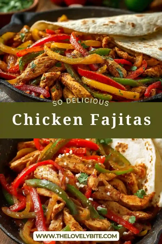 A skillet filled with easy chicken fajitas, featuring sliced chicken, colorful bell peppers, and onions cooked to perfection. The dish looks vibrant and fresh with a squeeze of lime.