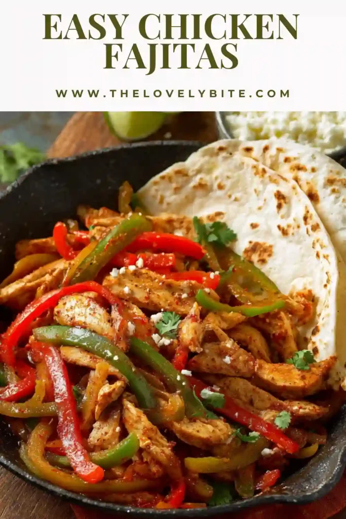 Close-up of easy chicken fajitas served in a pan with juicy chicken strips, red and green peppers, and onions. A perfect quick chicken dinner idea.