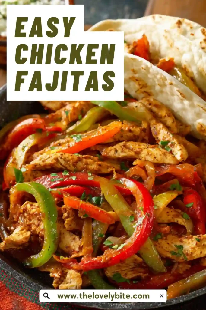 Homemade easy chicken fajitas with seasoned chicken and sautéed bell peppers, served hot and ready for tortillas. Bright and flavorful Tex-Mex dish.