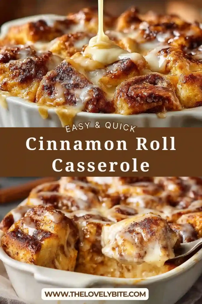 Easy cinnamon roll casserole baked until golden brown with icing drizzled on top and served warm in a baking dish. Soft and fluffy texture visible.