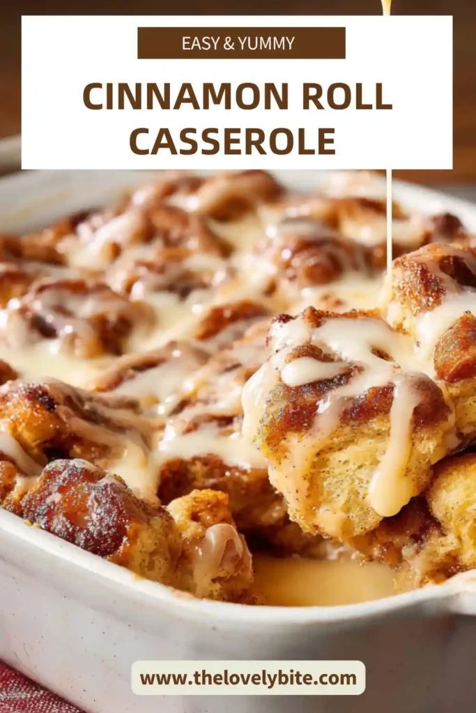 Close-up of easy cinnamon roll casserole showing layers of cinnamon rolls soaked in custard and topped with sweet icing and maple syrup.