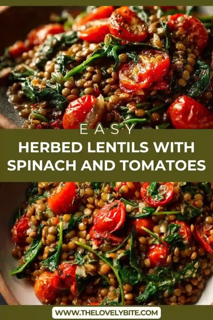 A bowl of herbed lentils with spinach and tomatoes garnished with fresh herbs, showing vibrant colors and textures.