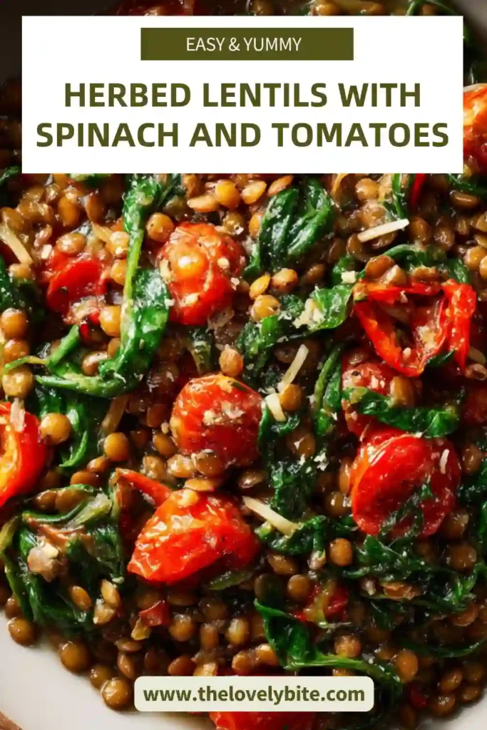 Healthy herbed lentils with spinach and tomatoes served warm in a rustic bowl with visible fresh basil and parsley.
