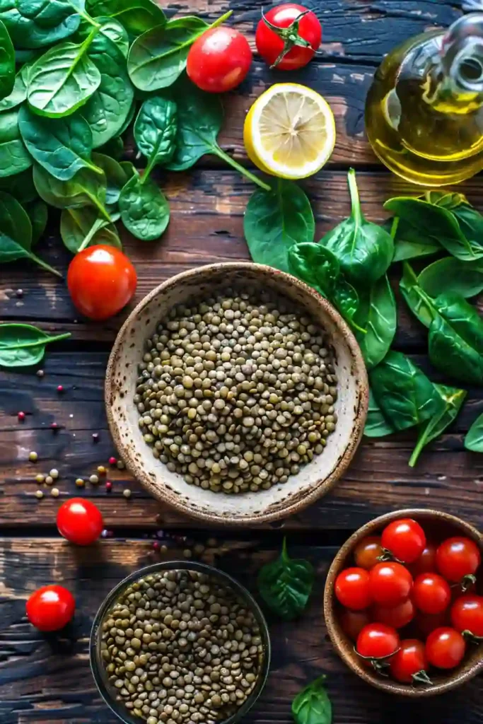 Mediterranean herbed lentils with spinach and tomatoes plated as a nutritious plant-based meal.