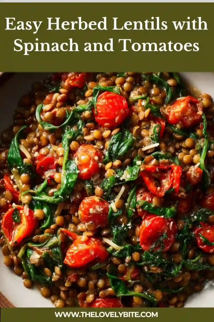 Close-up of lentils mixed with wilted spinach and juicy tomatoes, topped with chopped herbs and lemon dressing.
