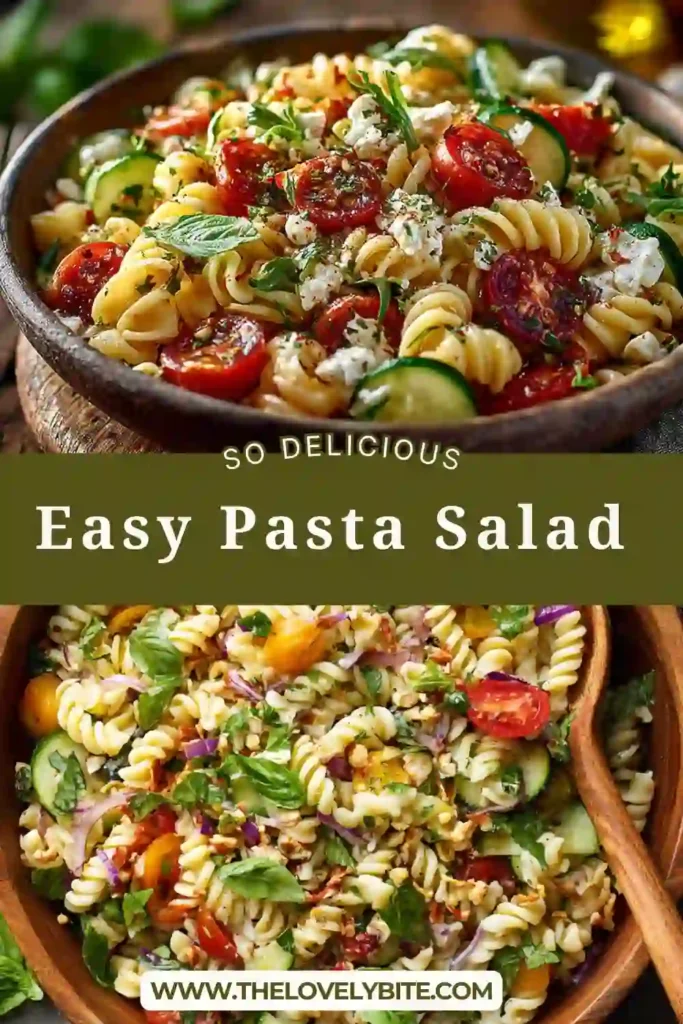 A colorful easy pasta salad recipe with chickpeas, cherry tomatoes, feta cheese, and fresh herbs in a large bowl.