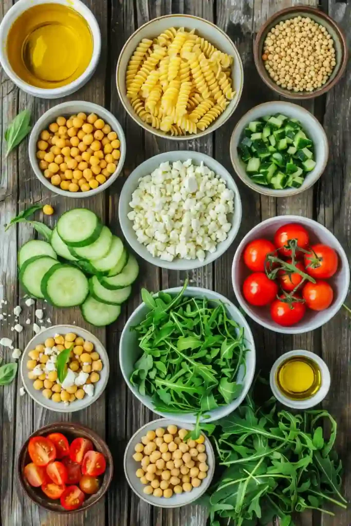 Healthy vegetarian pasta salad with chickpeas and vegetables styled for a summer meal setting.