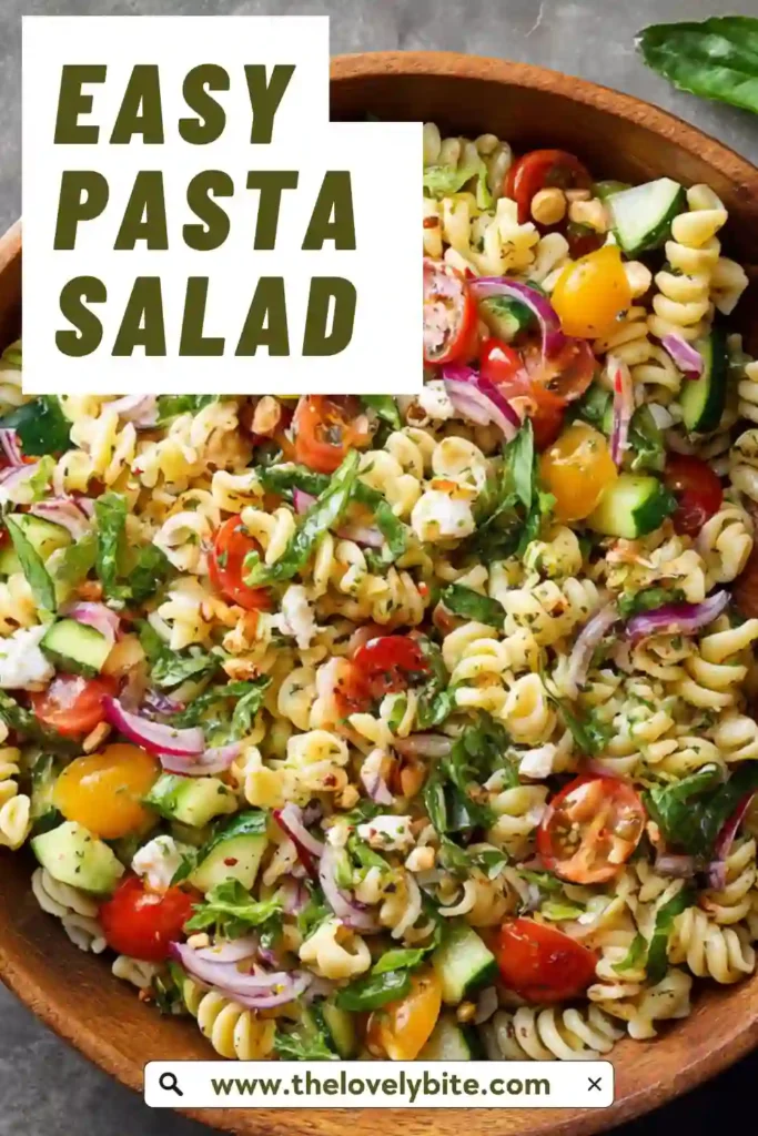 Close-up of an easy pasta salad recipe featuring fusilli, herbs, and feta cheese tossed in olive oil dressing.