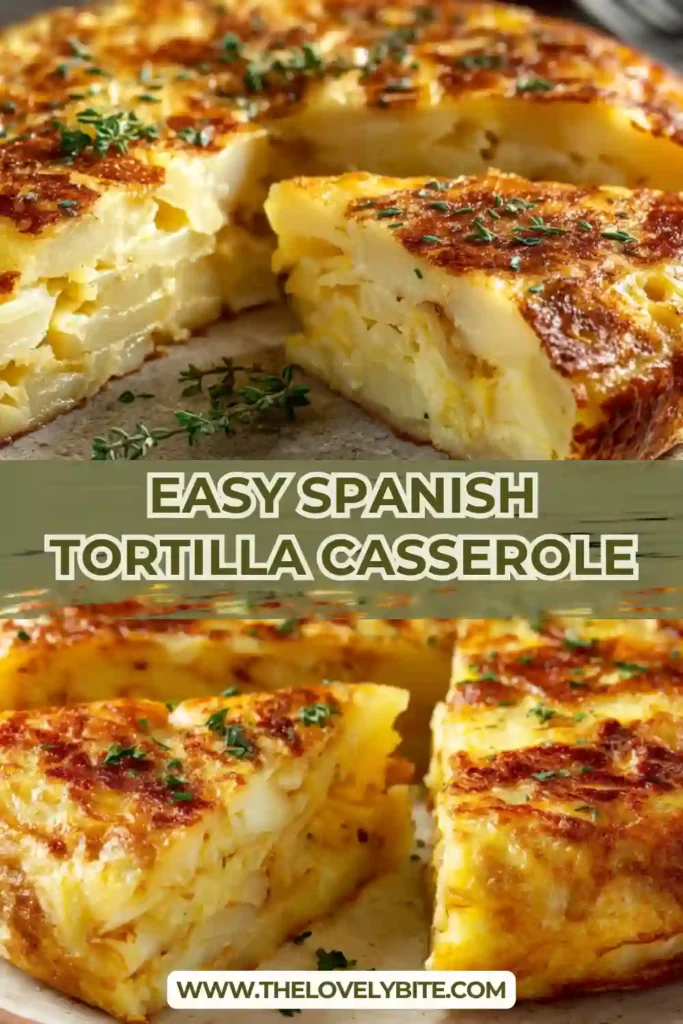 Easy Spanish Tortilla Casserole baked with golden potatoes and fluffy eggs in a casserole dish. The top is lightly browned and garnished with fresh chives.