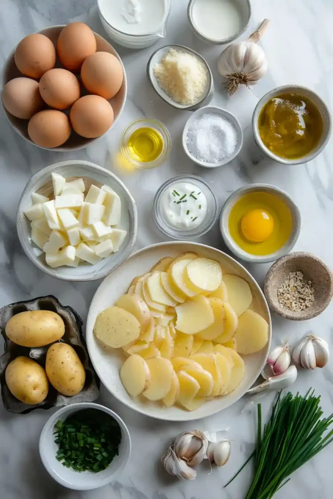 Overhead view of Easy Spanish Tortilla Casserole in a baking dish with golden edges and soft center. Perfect for brunch or dinner.