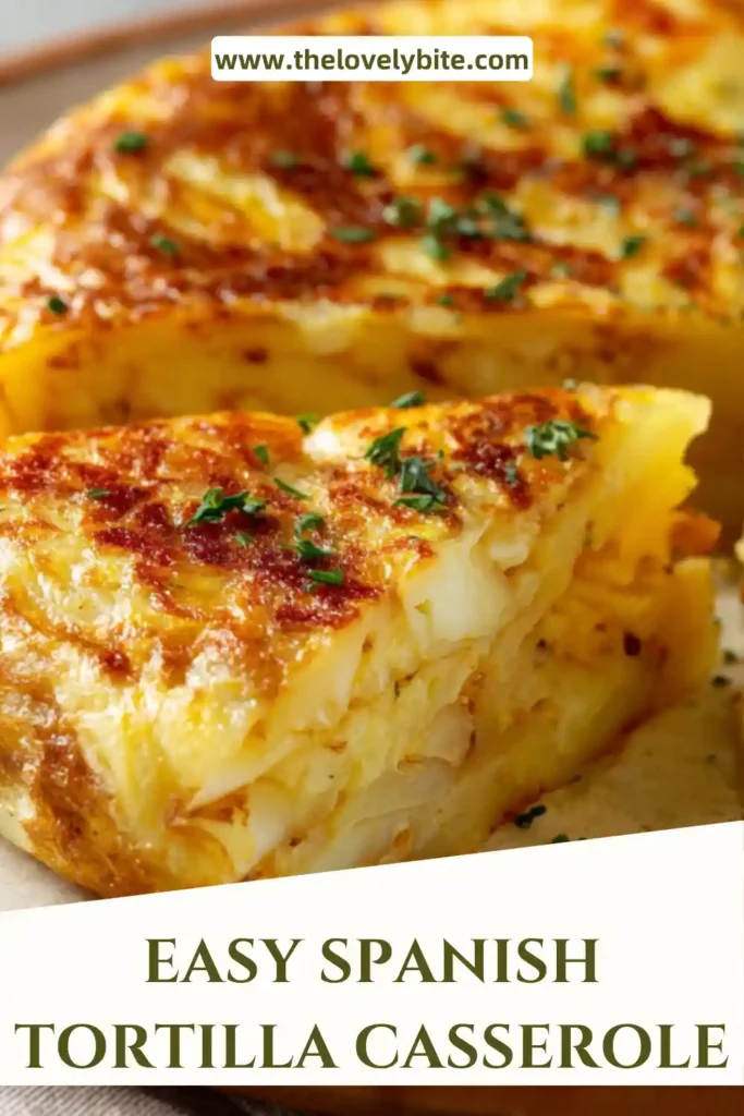 Close-up of Easy Spanish Tortilla Casserole showing layers of tender potatoes and creamy egg mixture. The texture looks soft and rich.