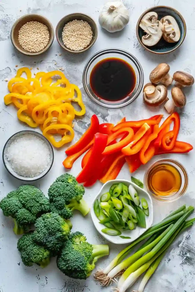 A vibrant easy stir fry recipe with broccoli, bell peppers, carrots, and mushrooms in a glossy sauce. The vegetables look crisp and fresh in a wok.