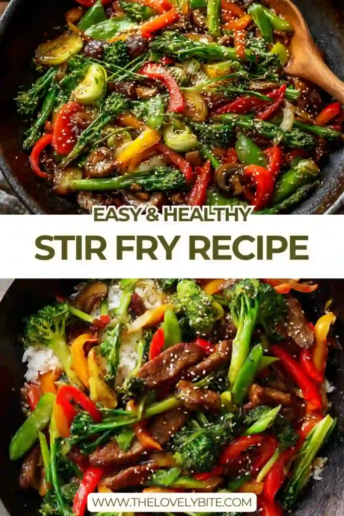 Close-up of a vegetable stir fry with sesame seeds and green onions, showing a rich homemade stir fry sauce coating each piece.