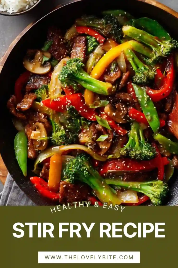 A colorful easy stir fry recipe served hot, filled with fresh vegetables and garnished with sesame seeds. Perfect for a healthy meal.