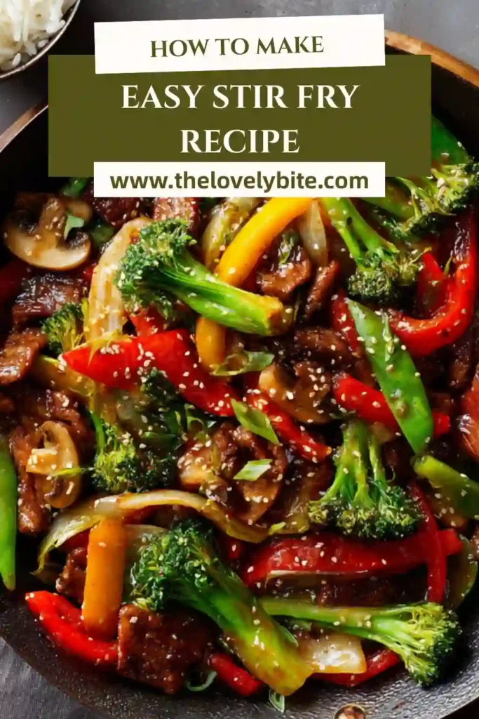 Overhead view of a quick vegetable stir fry with bright broccoli, carrots, and peppers in a savory sauce.